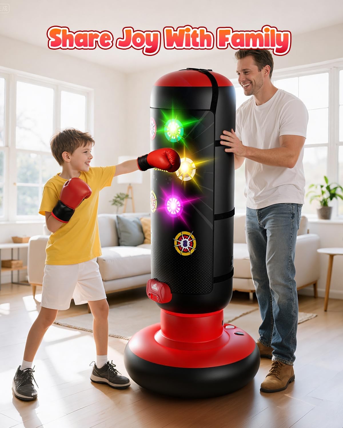 FlexoraSports Kids Score & Glow Punching Bag — Inflatable Boxing Set with Lights, Music, Gloves & 4 Game Modes