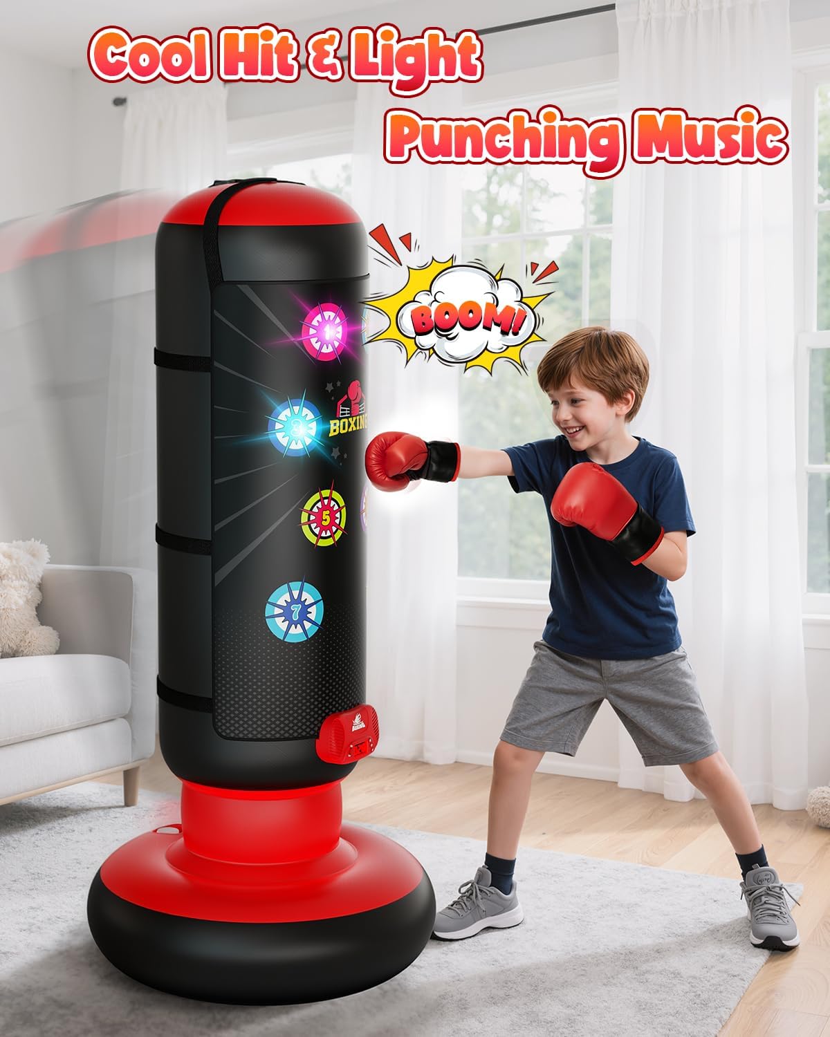 FlexoraSports Kids Score & Glow Punching Bag — Inflatable Boxing Set with Lights, Music, Gloves & 4 Game Modes