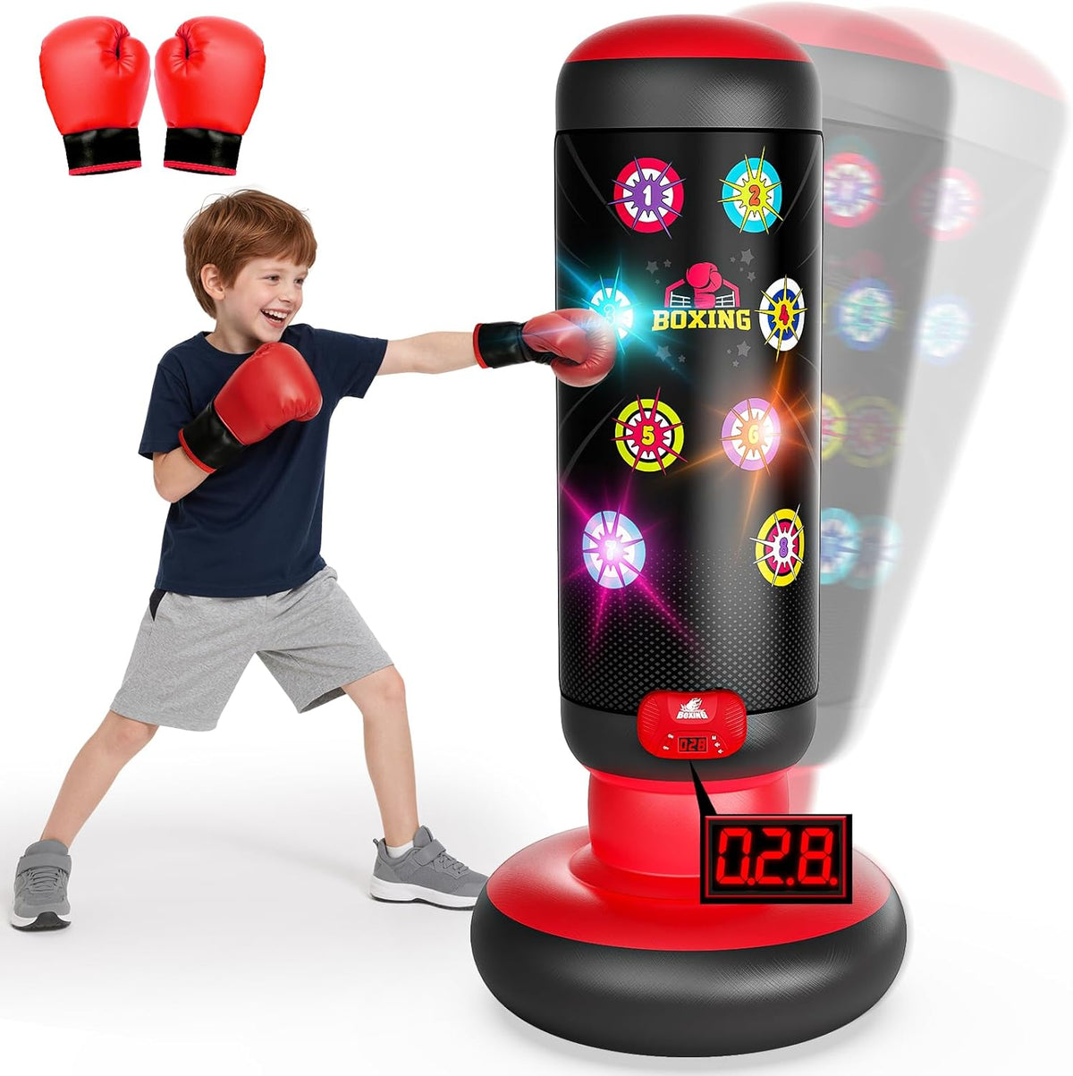 FlexoraSports Kids Score & Glow Punching Bag — Inflatable Boxing Set with Lights, Music, Gloves & 4 Game Modes
