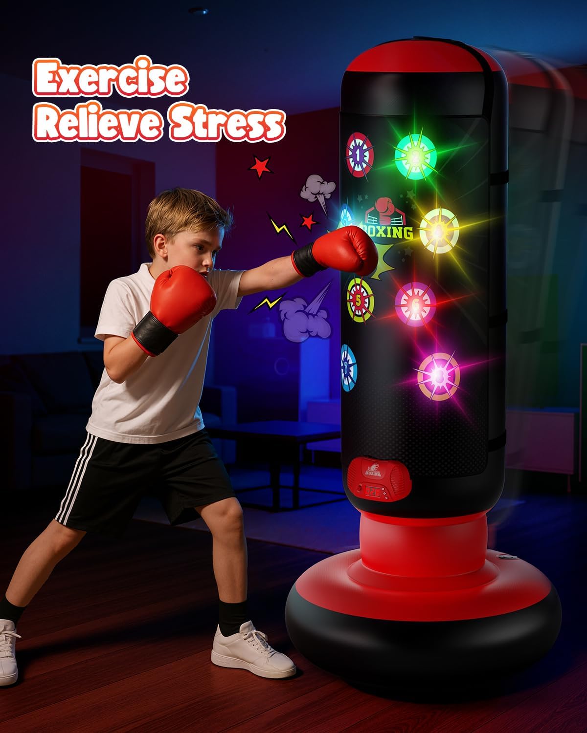 FlexoraSports Kids Score & Glow Punching Bag — Inflatable Boxing Set with Lights, Music, Gloves & 4 Game Modes
