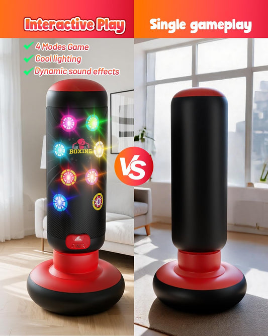 FlexoraSports Kids Score & Glow Punching Bag — Inflatable Boxing Set with Lights, Music, Gloves & 4 Game Modes